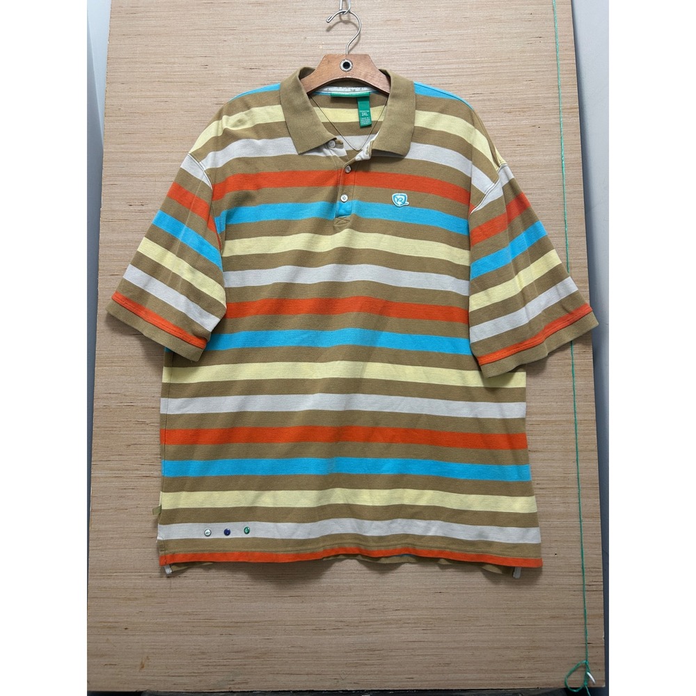 Rocawear Mens 3XL Striped Polo Shirt Brown Orange Blue Short Sleeve Cotton Y2K